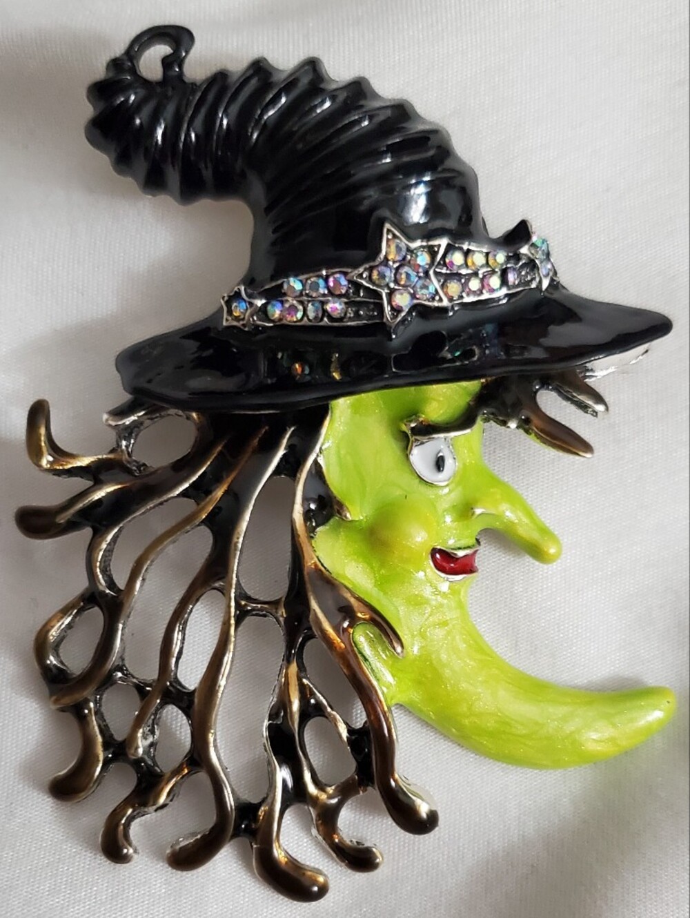 New Enamel Halloween Witch Moon Brooch Witchy Poo Rhinestones Hat Silver